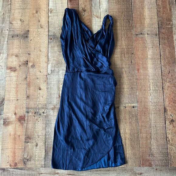 Reiss Womens Size 4 Zaria Drape Navy Satin Dress Sleeveless Ruched Bodycon Mini - Picture 1 of 11